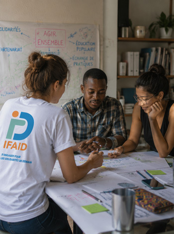 Photo d'une volontaire en mission discutant avec deux acteurs locaux d'un projet