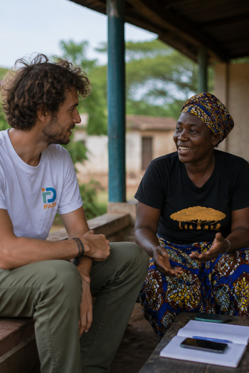 Photo d'un volontaire en mission discutant avec une dame en Afrique